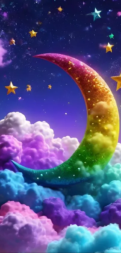 Rainbow crescent moon in vibrant clouds and stars.