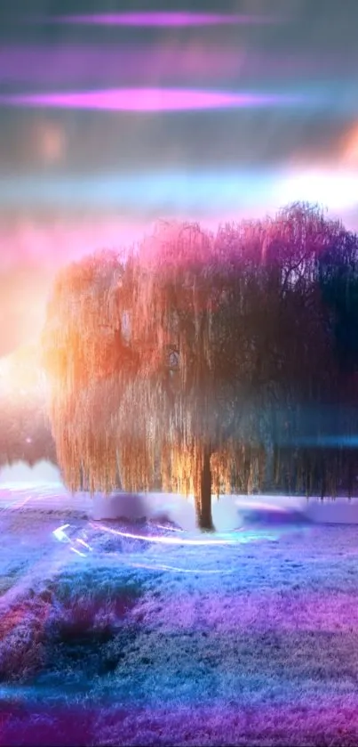 A vibrant tree in a colorful, dreamy landscape with hues of purple and pink.