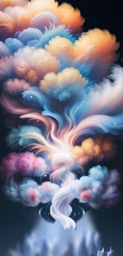 Colorful cloud art wallpaper with a dark blue background.