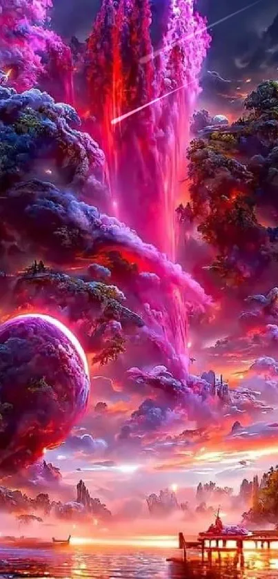 Fantasy wallpaper with vibrant magenta waterfall and cosmic elements.