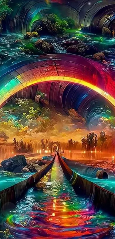 Vibrant fantasy landscape with colorful tunnel and surreal elements.