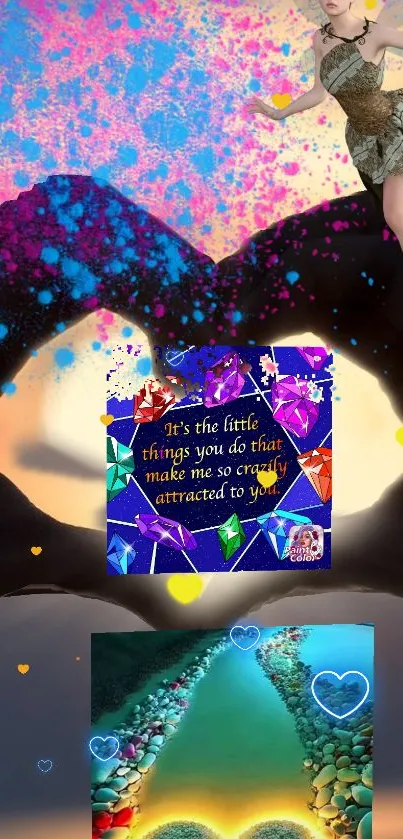 Vibrant heart-themed wallpaper with colorful art and romantic quotes.