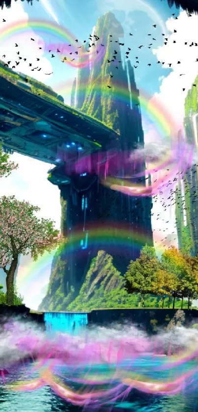 Vibrant landscape with futuristic elements and rainbow effects.