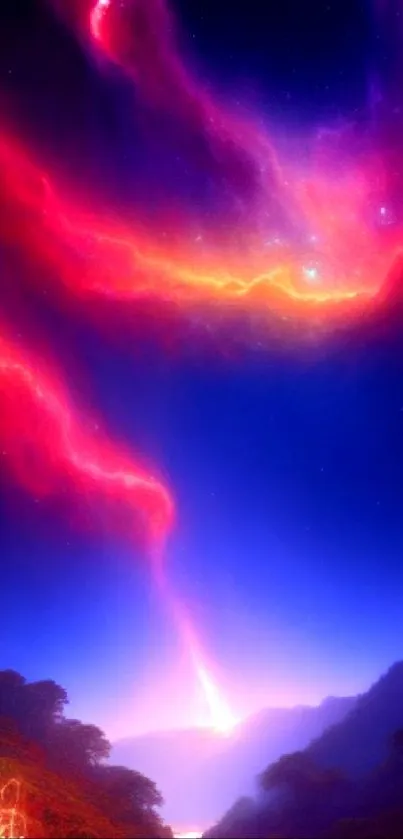 Violet and pink cosmic landscape with vivid celestial streaks.