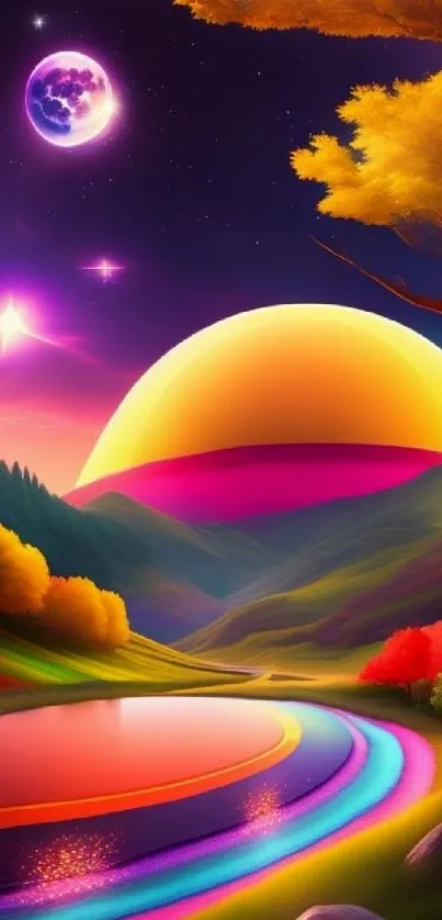 Surreal vibrant landscape with cosmic elements and colorful scenery.