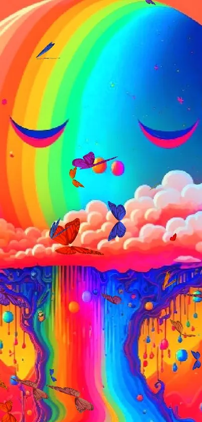 Sunset-inspired abstract landscape with vivid colors and whimsical elements.
