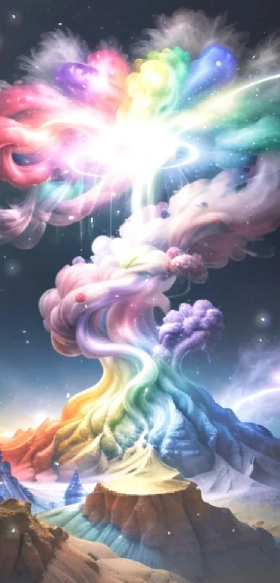 Vivid dreamscape fantasy mobile wallpaper with colorful cosmic clouds.