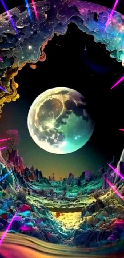 Abstract dreamscape with moon and colorful cosmic elements.