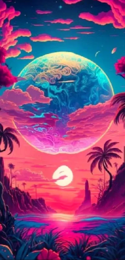 Vibrant surreal landscape with pink sunset and planet.