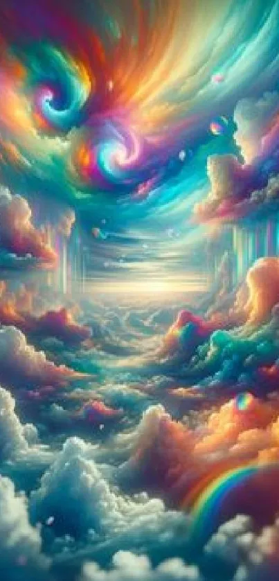 Colorful swirling sky with clouds and rainbows.