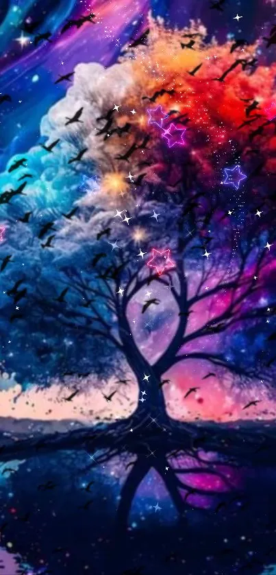 A mystical tree with vibrant colors and silhouetted birds on a phone wallpaper.