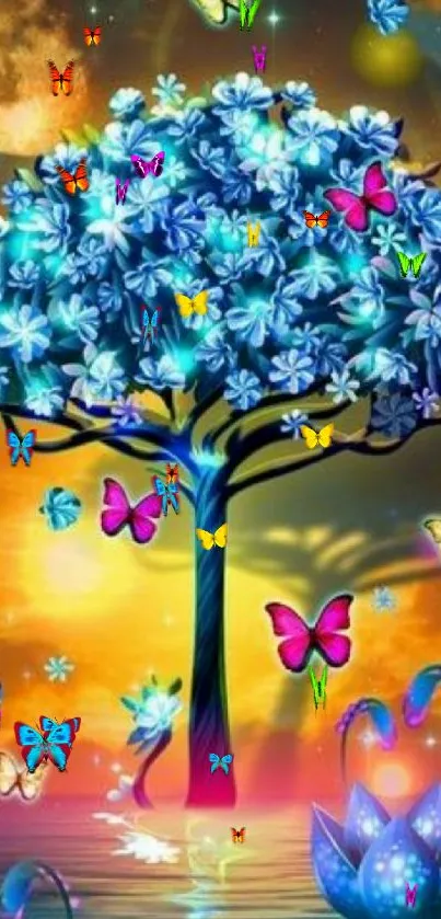 Vibrant tree and butterflies in a colorful dreamscape.