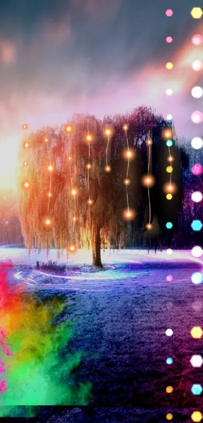 Dreamscape wallpaper with vibrant colors and a mystical tree.