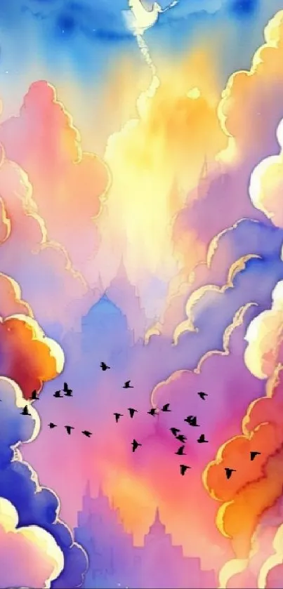 Dreamy colorful clouds with a castle and birds in flight.