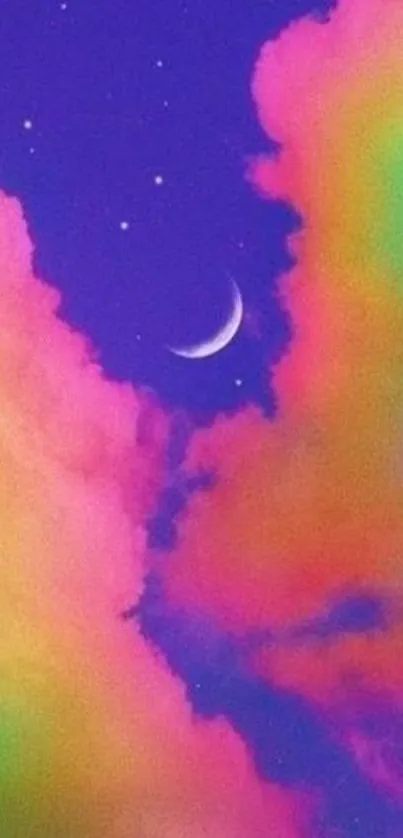 Vibrant rainbow clouds with crescent moon on purple sky.