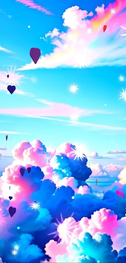 Vibrant cloudscape with colorful clouds in a dreamy blue sky.