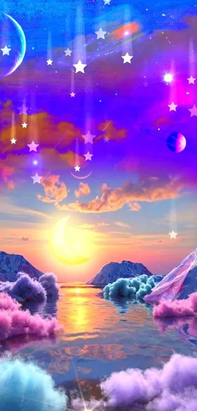 Dreamy cosmic wallpaper with vibrant colors and celestial bodies.