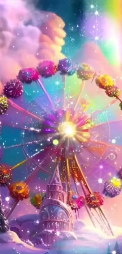 Vibrant ferris wheel art with rainbow sky and snow.