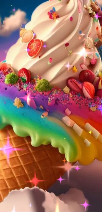 Dreamy rainbow ice cream cone with clouds and vivid colors.