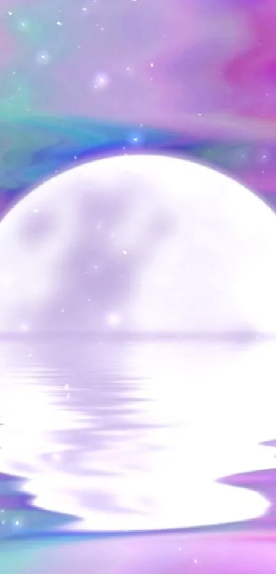 Dreamy full moon reflected on vibrant pastel water under a twilight sky.