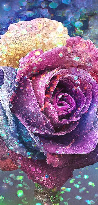 Vibrant multicolored rose with dewdrops in a dreamy background.