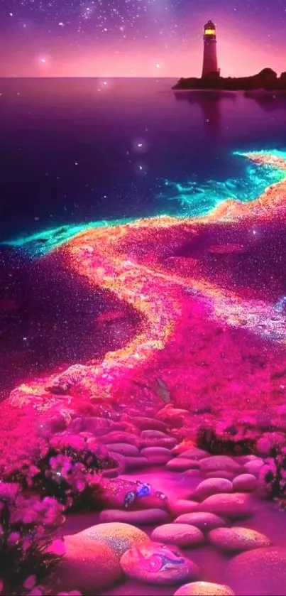 Dreamy coastal scene with vibrant colors and a glowing shoreline at night.