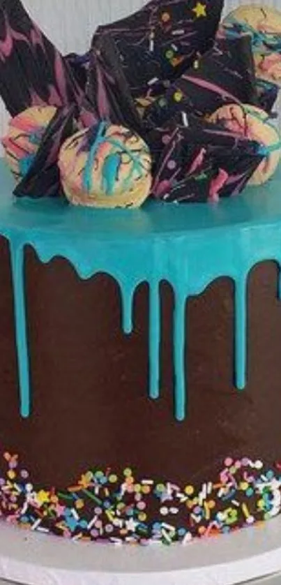 Vibrant chocolate drip cake with colorful icing and sprinkles.