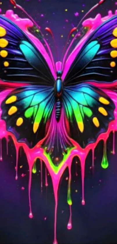 Vibrant butterfly with neon, dripping colors on a dark background.