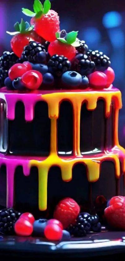 Vibrant cake with neon icing and berries on a mobile wallpaper.