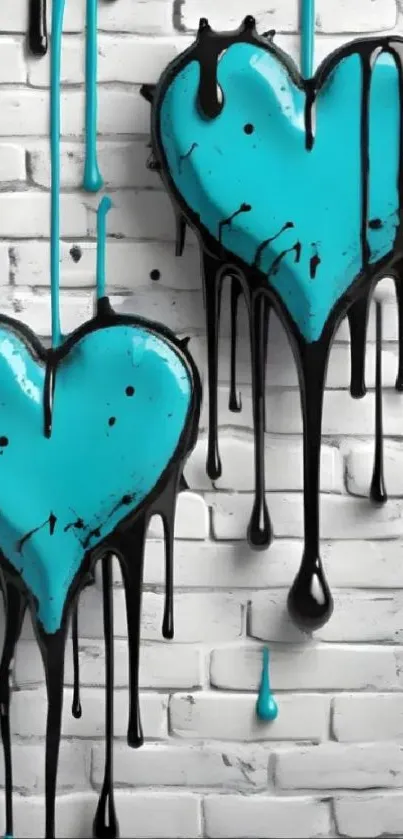 Turquoise hearts with black paint drips on a white brick wall background.