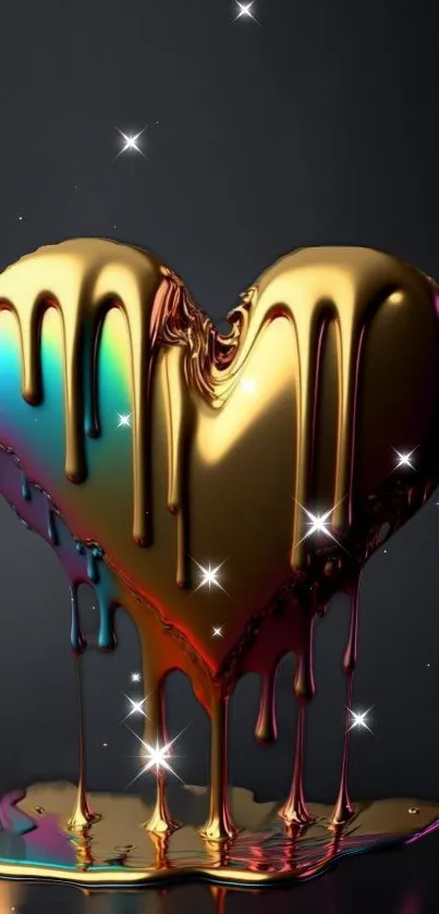 Vibrant metallic dripping heart wallpaper with cosmic colors and glowing stars.