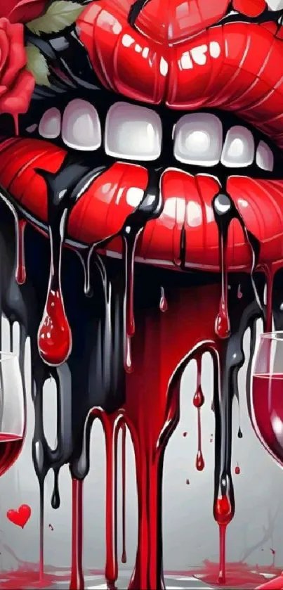 Artistic wallpaper with dripping red lips and roses.