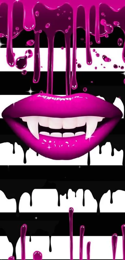 Vibrant pink dripping lips over black stripes.