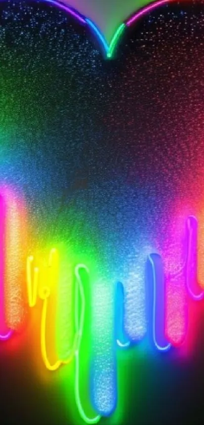 Vibrant neon heart design with rainbow dripping effect on mobile wallpaper.