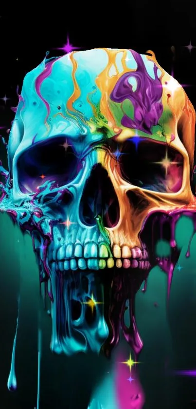 Vibrant dripping neon skull with colorful hues and glowing accents on black background.