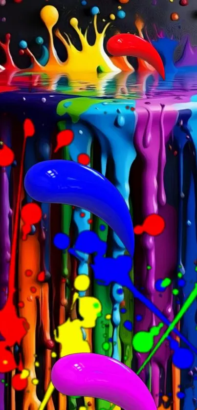 Vibrant paint drips creating colorful art on the wall.