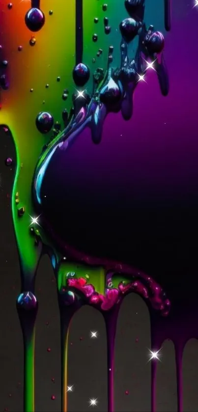 Vibrant dripping paint in rainbow colors on dark background.