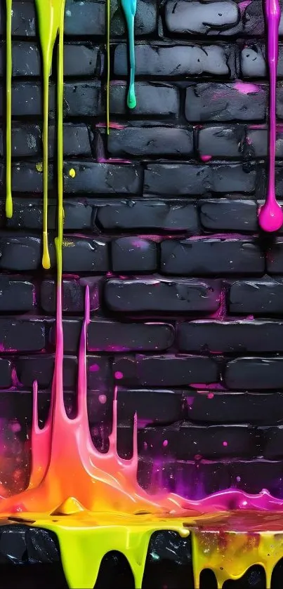 Vibrant neon paint drips on a dark brick wall background wallpaper.