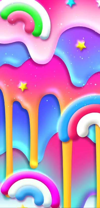 Vibrant dripping rainbow wallpaper with colorful arches and stars.