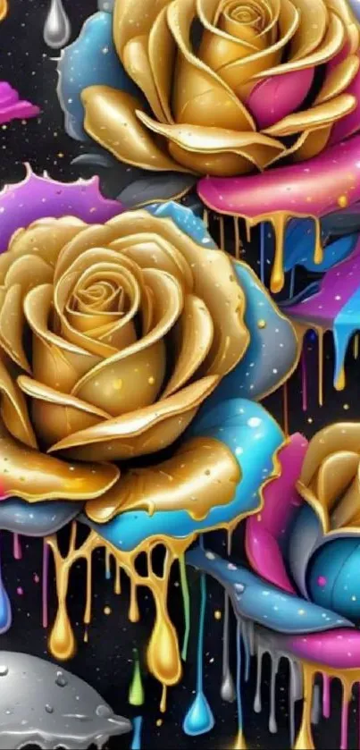 Vibrant dripping roses with golden petals and colorful cosmic background.