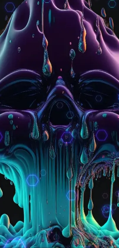 Vibrant neon skull with dripping effects, futuristic art design.