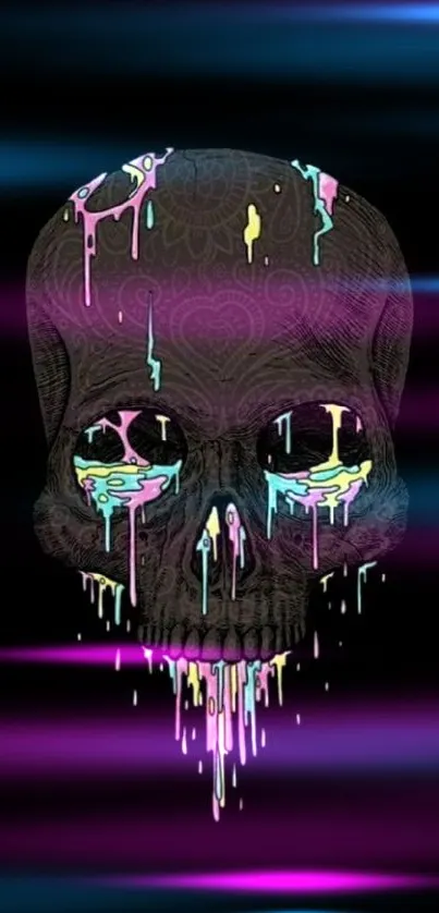 Artistic skull with vibrant dripping colors on black background.