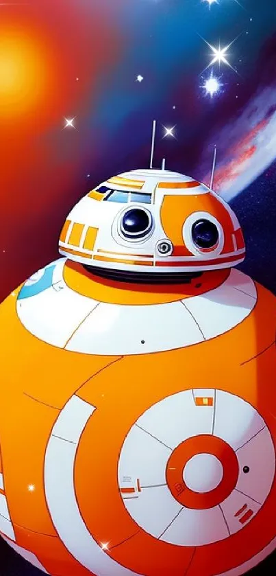 Orange and white droid in a colorful space scene.