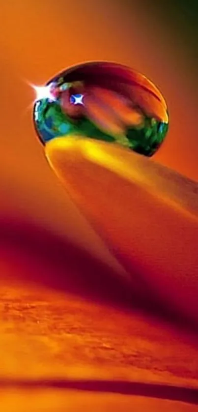 Vibrant droplet on a surface with colorful reflections in macro view.