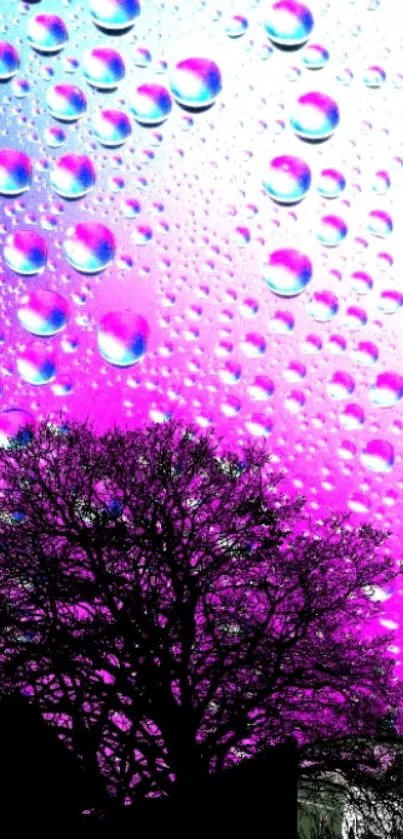 Colorful raindrop wallpaper with tree silhouette and magenta hues.