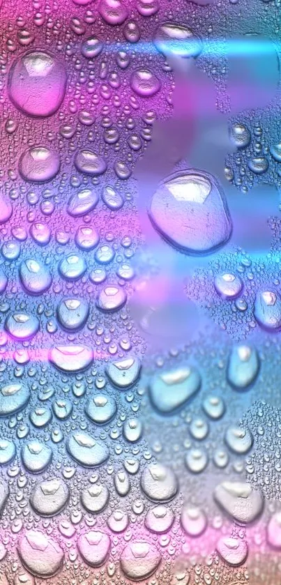 Vibrant water droplets on a colorful background in pink, blue, and purple hues.