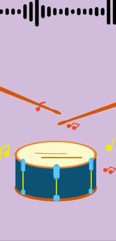 Animated drum with music notes on lavender background.