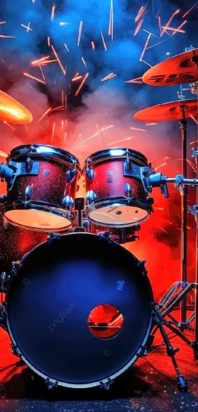 Vibrant drum set with colorful lighting effects.