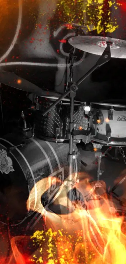 Dynamic drum set with vibrant flames.