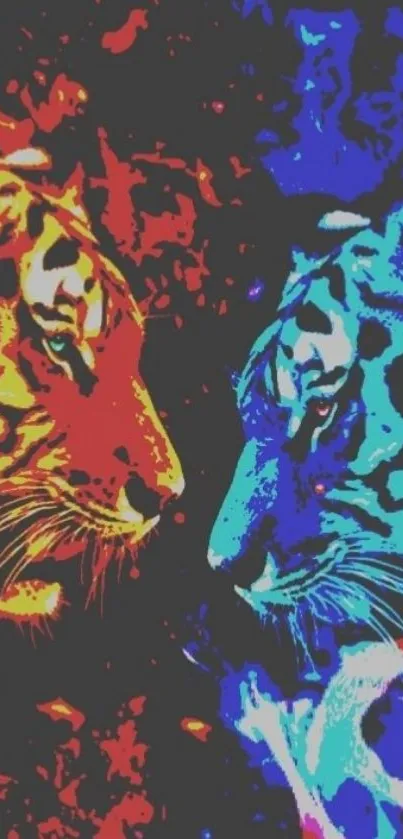 Colorful red and blue tiger art wallpaper, vibrant and dynamic.